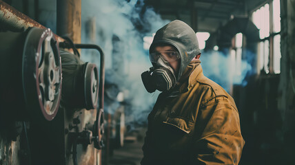 A man in a yellow jacket is wearing a gas mask and standing in front of a machine. Concept of danger and caution, as the man is likely working in a hazardous environment