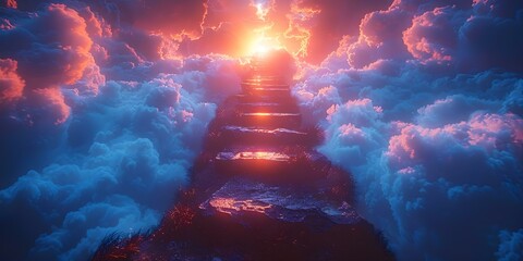 Ascending Stone Steps Towards the Heavenly Light. Concept Spiritual Journey, Stairway to Heaven, Sacred Ascent, Seeking Enlightenment, Climbing towards Divinity - obrazy, fototapety, plakaty