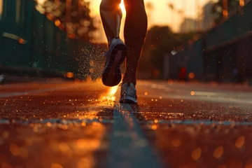 Fotobehang Runner's feet on track with sparkling effects © Slepitssskaya