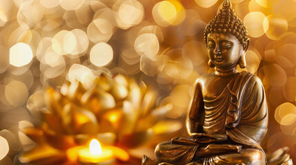Buddha statue meditating, spiritual illustration. Banner Vesak day