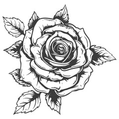 Rose with leaves flower woodcut style drawing vector illustration