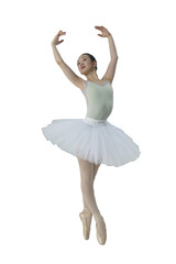 young Japanese ballerina poses in a photo studio with ballet elements showing stretching and plasticity, isolated on transparent background, png © Alex