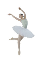 young Japanese ballerina poses in a photo studio with ballet elements showing stretching and plasticity, isolated on transparent background, png © Alex