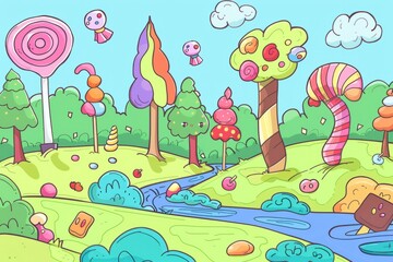 Cartoon cute doodles of a candy forest with lollipop trees, gumdrop bushes, and chocolate rivers flowing through it, Generative AI