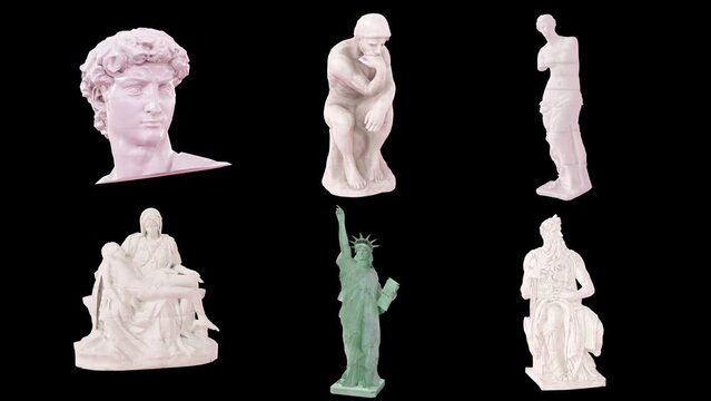David Glitch with thinker and Moses, Statue Of Liberty, Venus de Milo 3d rendered animation pack on a black background 4k
 