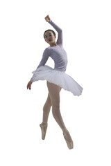 young Japanese ballerina poses in a photo studio with ballet elements showing stretching and...