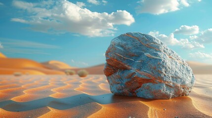 A sandy desert landscape with a single tall balanced stone standing proudly against the wind representing resilience and the power of mindfulness. - obrazy, fototapety, plakaty