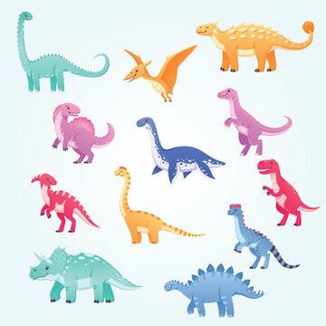 dinosaurs cartoon set with isolated icons doodle characters dinos different breed colour vector illustration