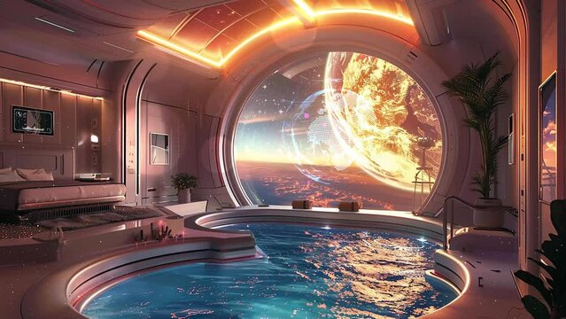 cosmic hideaway unwind in a space station suite. seamless looping overlay 4k virtual video animation background