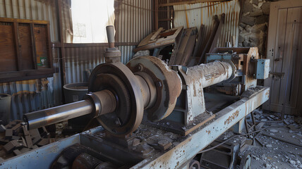 An old, rusted machine sits in a warehouse. The machine is large and has a lot of parts