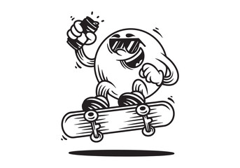 Line art character of ball head jumping on the skateboard. Holding a beer can