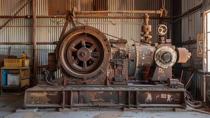 An old, rusted machine sits in a warehouse. The machine is large and has a lot of parts