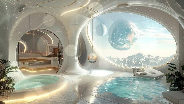 cosmic paradise unwind in luxury in a space station. seamless looping overlay 4k virtual video animation background