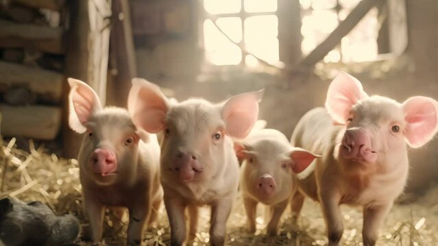 Baby pigs at farm. 4k video animation