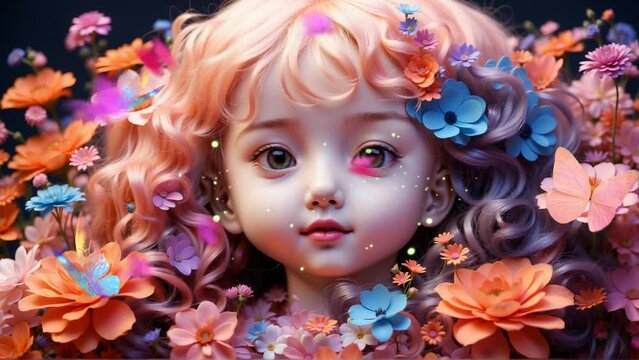 cute babies with hair filled with flowers and butterflies. Spring summer cute animation theme. 4k loop resolution