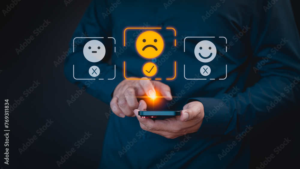 Aufkleber engaging in an online customer feedback survey, a user utilizes their mobile phone to display an ang