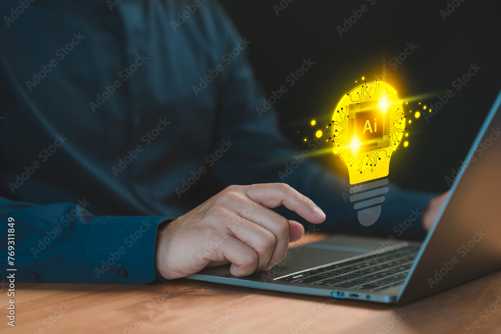 Aufkleber Man uses laptop to generate ideas with AI helping. Technology AI with Innovation through and inspiration ideas, idea of creativity and inspiration concept of sustainable business development.