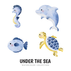 Vector cartoon watercolor set of sea animals with Sea ​​horse, Sea fish, Dolphin, and Sea ​​turtle for Baby Boy Nursery Decor