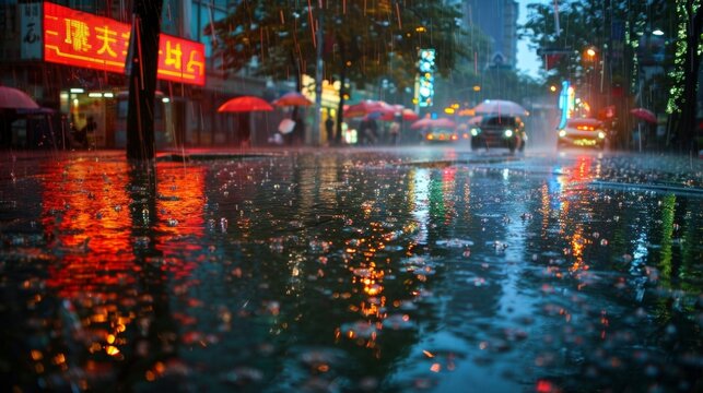 A somber and moody atmosphere prevails as heavy rain pounds the slick streets the vivid colors of street signs and neon lights becoming a soft blur in the downpour.
