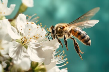 close-up shot of an ancient honey bee flying towards white flowers.