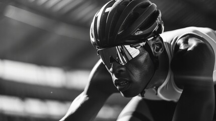 The focused eyes of a cyclist as they maneuver through the stadium. - obrazy, fototapety, plakaty