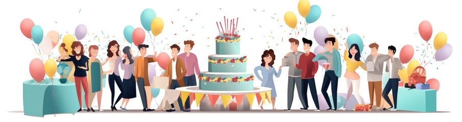Happy people celebrating a birthday party, standing together with a cake and gifts on a festive background