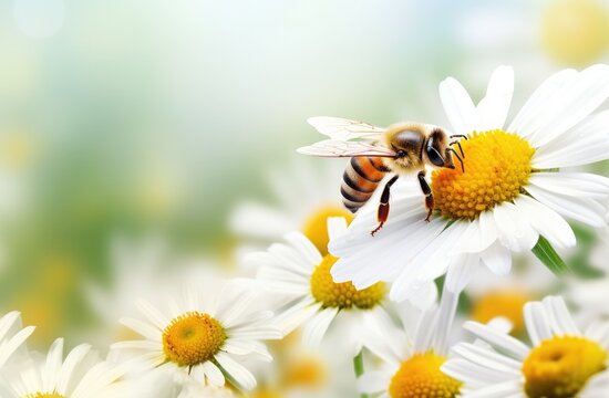 Photo of a honeybee on the center flower petal, with other white daisies in the background.