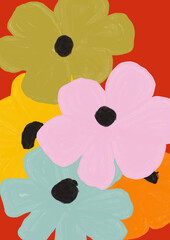 Ilustración de flores maximalistas. Ramo de flores coloridas. Arte de pared de flores. Decoración del hogar. Mercado de flores. Cartel floral 