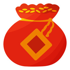 Chinese red bag with money icon. Storing gold coins in Asia. The banking system is tradition. The color of luck. Hand drawn vector illustration. Logo element simple symbol.