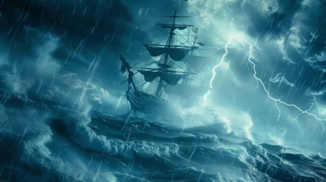 Lightning strikes and thunder booms as a ship helplessly bobs in the midst of a violent storm its crew fearing for their lives.