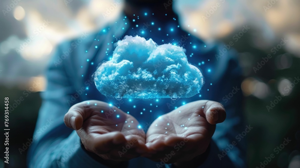 Poster cloud-like formation hovering over the hands of a person,symbolizing the provision of cloud-based se