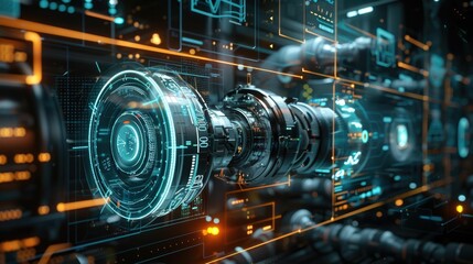 Futuristic 3D virtual machine interface,showcasing advanced digital analytics and computing technology The scene features a dynamic,interconnected display of various data