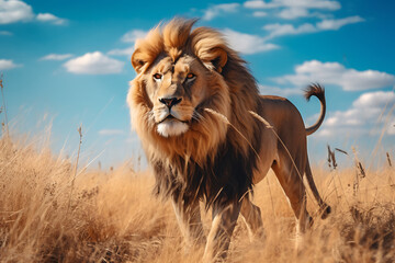 A magnificent lion strides through the golden grass of the savanna under the clear blue sky - obrazy, fototapety, plakaty