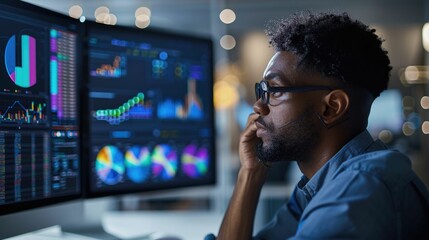 Professional data analyst or business intelligence specialist examining various data visualizations and performance metrics displayed on multiple computer screens The image depicts the process