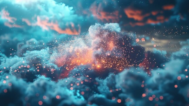 Rapid growth and evolution of cloud computing technology Vibrant clouds of digital particles,energy,and light expand outward,representing the scalable processing power