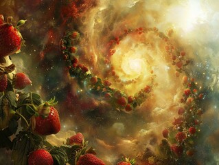 Nuclear fusion in a cosmic setting with a fairy artistically arranging strawberries in orbit