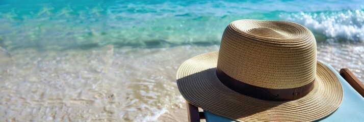 Straw hat casually resting on a beach chair,perfectly capturing the essence of summer and the art of relaxation The serene turquoise waters and pristine sandy beach