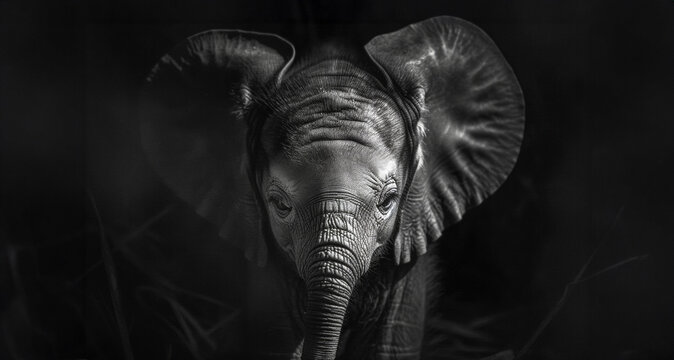 Monochrome portrait of an African elephant with expressive eyes