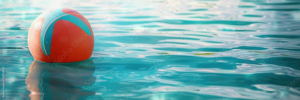 Poster beach ball effortlessly floats on the calm,azure waters,creating a tranquil and inviting scene the b