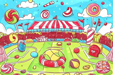 Cartoon cute doodles of a candy sports stadium where teams compete in games like gumball soccer, candy cane hockey, and jellybean basketball, Generative AI