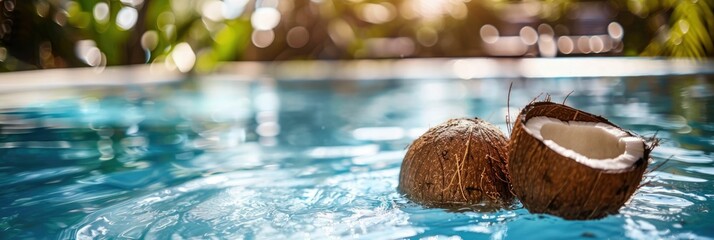 Freshly cracked coconut drink resting on the poolside,surrounded by lush palm trees and greenery The crystal-clear blue water of the pool reflects - obrazy, fototapety, plakaty