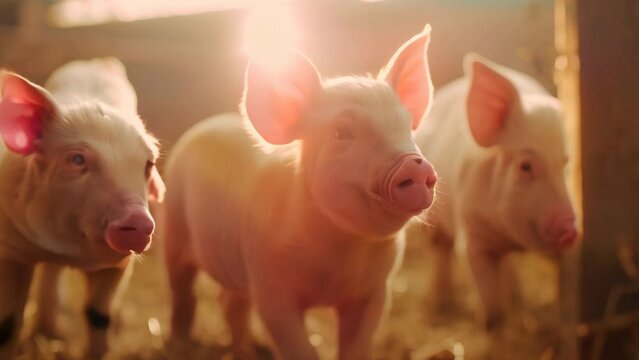 Baby pigs at farm. 4k video animation