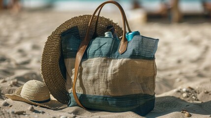 Straw beach bag filled with essential items for a day spent by the coast Sunhat,sunglasses,towel,water bottle,and other necessities are neatly organized,preparing the owner for a carefree - obrazy, fototapety, plakaty