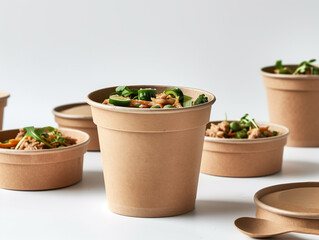 food pot mockup, A photo of an unbranded kraft paper round container with lid and spoon, filled with food on top of the table