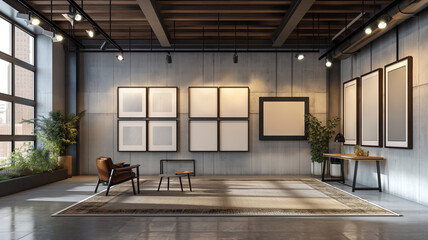 Frame mockups grace a loft's gallery wall, accented by track lighting and modern furnishings.