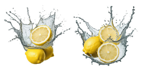 lemon in water splash isolated on transparent background