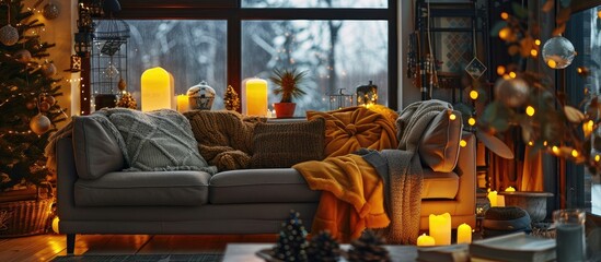 Festive home decor with comfortable couch and glowing decorations