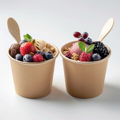 food pot mockup, A photo of an unbranded kraft paper round container with lid and spoon, filled with food on top of the table