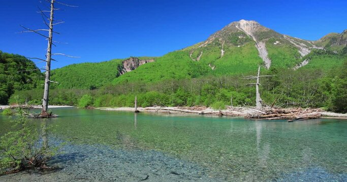 初夏の上高地 　焼岳と梓川の流れ　長野県
