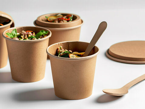 food pot mockup, A photo of an unbranded kraft paper round container with lid and spoon, filled with food on top of the table